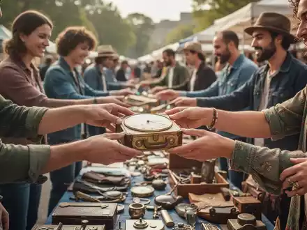 Menschen tauschen Gegenstände auf einem lebhaften Flohmarkt, Hände im Fokus, die einen Vintage-Artikel überreichen, mit verschwommenen Gesichtern im Hintergrund. - Foto: über boerse-global.de
