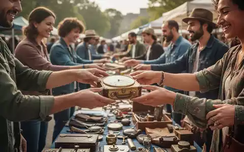 Menschen tauschen Gegenstände auf einem lebhaften Flohmarkt, Hände im Fokus, die einen Vintage-Artikel überreichen, mit verschwommenen Gesichtern im Hintergrund. - Foto: über boerse-global.de