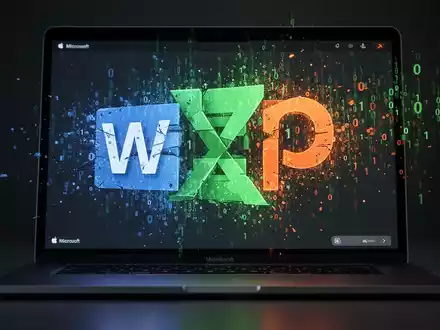 Fragmented Microsoft Office app icons dissolving into binary code on a dark Apple device screen. - Foto: über boerse-global.de