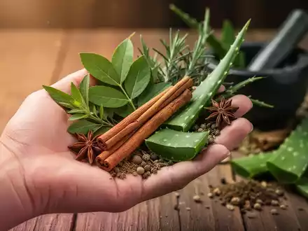 Eine Hand hält verschiedene Kräuter und Gewürze wie Zimtstangen, Aloe Vera und Gymnema sylvestre-Blätter. - Foto: über boerse-global.de