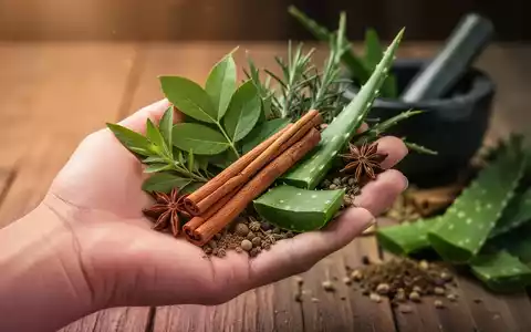 Eine Hand hält verschiedene Kräuter und Gewürze wie Zimtstangen, Aloe Vera und Gymnema sylvestre-Blätter. - Foto: über boerse-global.de