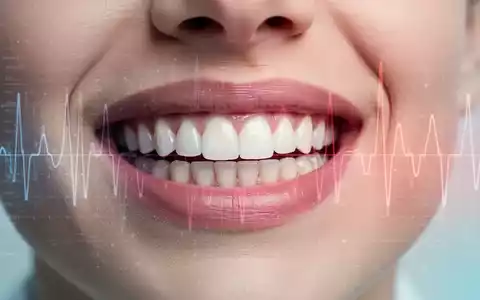 Nahaufnahme eines Mundes mit gesunden Zähnen und Zahnfleisch, überlagert von abstrakten Elementen, die Diabetes und Blutzucker symbolisieren. - Foto: über boerse-global.de