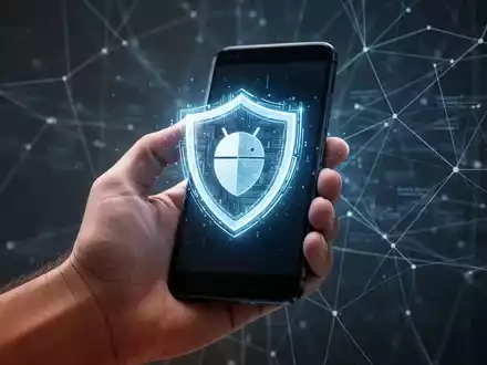 Eine stilisierte menschliche Hand hält ein Android-Smartphone. Ein digitales Schild-Symbol leuchtet auf dem Bildschirm und symbolisiert Sicherheit. - Foto: über boerse-global.de