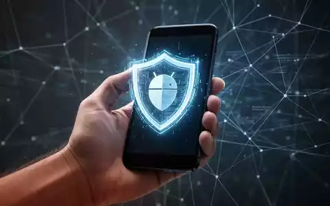 Eine stilisierte menschliche Hand hält ein Android-Smartphone. Ein digitales Schild-Symbol leuchtet auf dem Bildschirm und symbolisiert Sicherheit. - Foto: über boerse-global.de