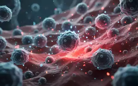 Nahaufnahme mikroskopischer Darstellung von Immunzellen und entzündetem Gewebe mit blauen und roten Markierungen. - Foto: über boerse-global.de