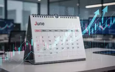 Ein stilisierter Kalender mit hervorgehobenem Juni, überlagert von digitalen Handelsgrafiken und einem modernen Bürohintergrund. - Foto: über boerse-global.de