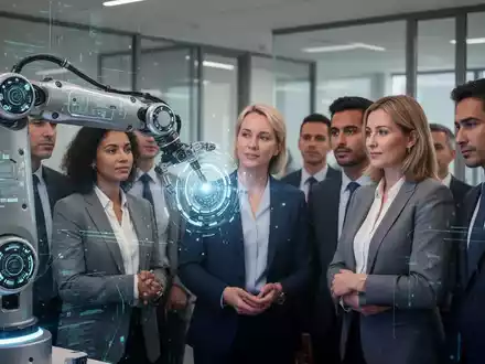 Ein Roboterarm interagiert mit einer Gruppe von Fachkräften in einem modernen Büro, symbolisiert den KI-Einsatz in Unternehmen. - Foto: über boerse-global.de