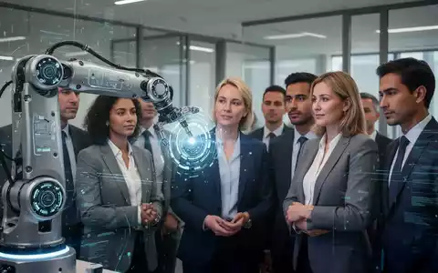 Ein Roboterarm interagiert mit einer Gruppe von Fachkräften in einem modernen Büro, symbolisiert den KI-Einsatz in Unternehmen. - Foto: über boerse-global.de