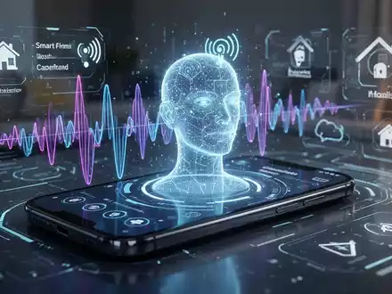 Nahaufnahme eines futuristischen Smartphones mit KI-Benutzeroberfläche und Sprachbefehlswellenformen. - Foto: über boerse-global.de