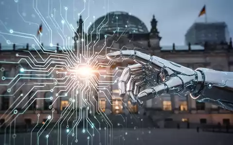Eine futuristische Darstellung eines neuronalen Netzes oder einer Platine, die von einer metallischen Hand gesteuert wird, vor einem deutschen Regierungsgebäude. - Foto: über boerse-global.de