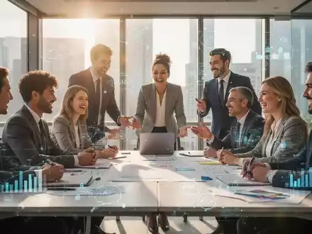 Eine Gruppe von Geschäftsleuten arbeitet in einem modernen Büro zusammen, mit Fokus auf dynamische Interaktion und positive Energie. - Foto: über boerse-global.de