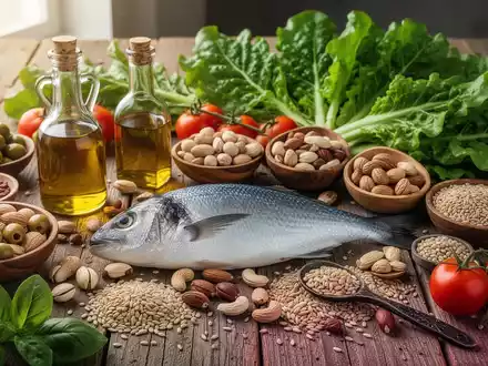 Ein Stillleben mit frischen mediterranen Zutaten wie Olivenöl, Fisch, Nüssen, Vollkornprodukten und Gemüse auf einem Holztisch. - Foto: über boerse-global.de