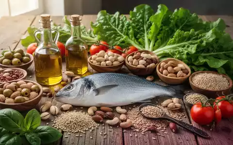 Ein Stillleben mit frischen mediterranen Zutaten wie Olivenöl, Fisch, Nüssen, Vollkornprodukten und Gemüse auf einem Holztisch. - Foto: über boerse-global.de