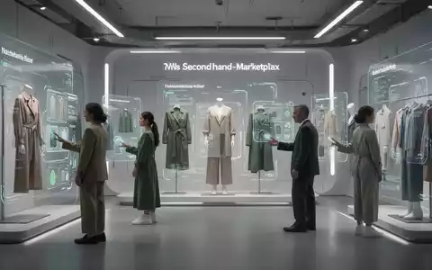 Eine futuristische, minimalistische Modeboutique mit digitalen Displays und Menschen, die Secondhand-Kleidung über KI-Schnittstellen kaufen. - Foto: über boerse-global.de