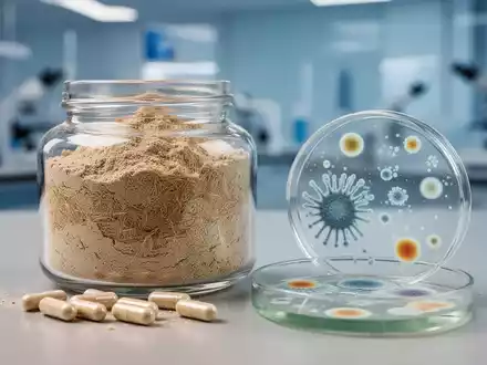 Nahaufnahme eines Glasgefäßes mit Akazienfaserpulver, daneben Probiotika-Kapseln und eine Petrischale mit Mikrobenwachstum. - Foto: über boerse-global.de