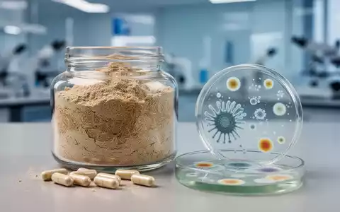 Nahaufnahme eines Glasgefäßes mit Akazienfaserpulver, daneben Probiotika-Kapseln und eine Petrischale mit Mikrobenwachstum. - Foto: über boerse-global.de