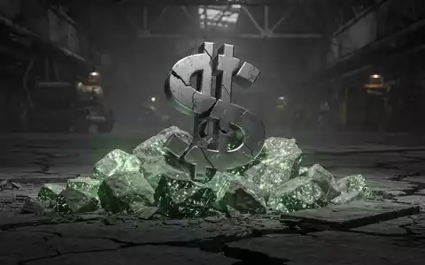 Ein gebrochenes Dollarzeichen, das teilweise in leuchtendem Uranerz vergraben ist, in einer dunklen Industrieumgebung. - Foto: über boerse-global.de