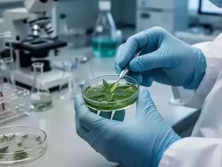 Nahaufnahme der HĂ€nde eines Wissenschaftlers, der in einem Labor eine Petrischale mit einer pflanzlichen Substanz hĂ€lt. - Foto: ĂŒber boerse-global.de