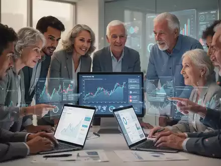 Eine vielfältige Gruppe von Menschen betrachtet digitale Bildschirme mit Finanzdaten, symbolisierend das neue Altersvorsorgedepot. - Foto: über boerse-global.de