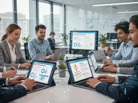 Eine Gruppe von Fachkräften in einem modernen Büro nimmt an einer Online-Schulung zu DGUV V3 teil, mit digitalen Geräten und KI-Elementen. - Foto: über boerse-global.de