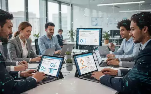 Eine Gruppe von Fachkräften in einem modernen Büro nimmt an einer Online-Schulung zu DGUV V3 teil, mit digitalen Geräten und KI-Elementen. - Foto: über boerse-global.de