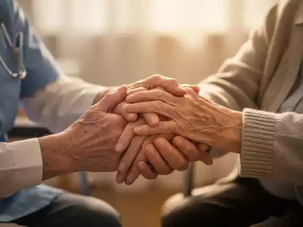 Hände einer Pflegekraft halten sanft die Hände eines älteren Menschen, der Unterstützung und Fürsorge symbolisiert. - Foto: über boerse-global.de