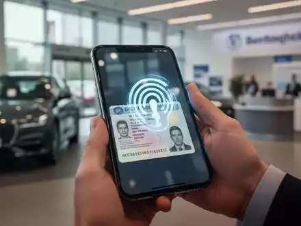 Ein Smartphone scannt einen deutschen Führerschein mit NFC. Im Hintergrund verschwommen ein Autohaus oder eine Bank. Fokus auf digitale Identifikation. - Foto: über boerse-global.de