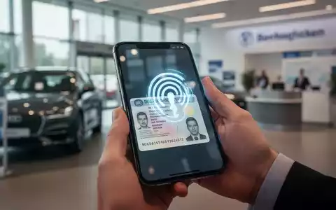 Ein Smartphone scannt einen deutschen Führerschein mit NFC. Im Hintergrund verschwommen ein Autohaus oder eine Bank. Fokus auf digitale Identifikation. - Foto: über boerse-global.de