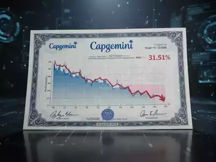 Nahaufnahme eines Capgemini-Aktienzertifikats mit einem Diagramm, das einen Rückgang von 31,51 % seit Jahresbeginn zeigt. - Foto: über boerse-global.de