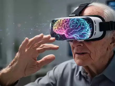 Eine ältere Hand greift nach einem VR-Headset, das bunte, abstrakte Muster zeigt, Symbol für kognitives Training. - Foto: über boerse-global.de