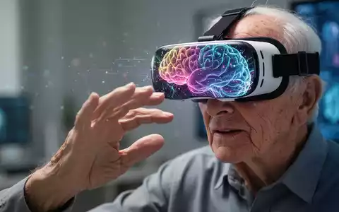 Eine ältere Hand greift nach einem VR-Headset, das bunte, abstrakte Muster zeigt, Symbol für kognitives Training. - Foto: über boerse-global.de