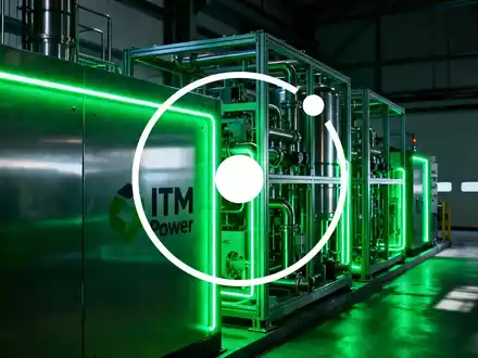 Eine stilisierte, hochmoderne Wasserstoffproduktionsanlage mit leuchtend grünen Elementen, die ITM Power und saubere Energie symbolisiert. - Foto: über boerse-global.de