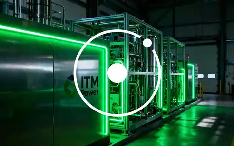 Eine stilisierte, hochmoderne Wasserstoffproduktionsanlage mit leuchtend grünen Elementen, die ITM Power und saubere Energie symbolisiert. - Foto: über boerse-global.de