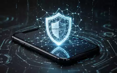 Ein Smartphone-Bildschirm mit einem stilisierten, leuchtenden neuronalen Netzwerk und einem Schildsymbol, das Cybersicherheit darstellt. - Foto: über boerse-global.de