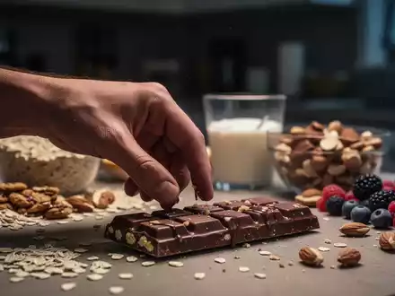 Eine Hand greift nach einem Schokoriegel, während gesunde Frühstückszutaten im Hintergrund unscharf sind. - Foto: über boerse-global.de