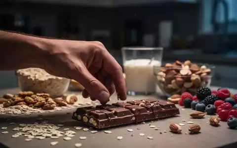 Eine Hand greift nach einem Schokoriegel, während gesunde Frühstückszutaten im Hintergrund unscharf sind. - Foto: über boerse-global.de