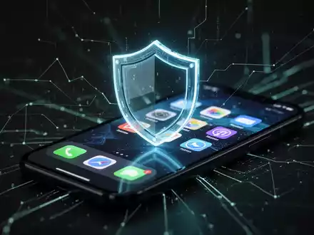 A glowing digital shield icon overlaid on a smartphone screen, symbolizing app security and data privacy. Background has network lines. - Foto: über boerse-global.de