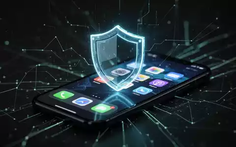 A glowing digital shield icon overlaid on a smartphone screen, symbolizing app security and data privacy. Background has network lines. - Foto: über boerse-global.de