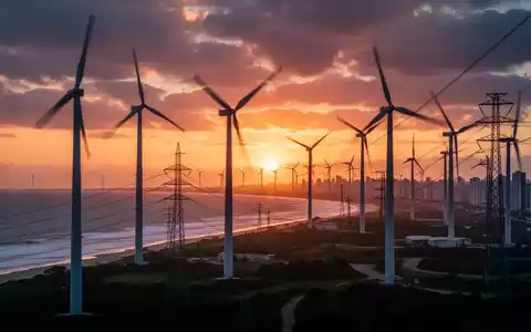 Ein riesiger moderner Windpark mit Turbinen vor einem dramatischen Sonnenuntergang über der brasilianischen Küste. - Foto: über boerse-global.de
