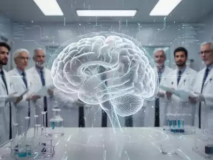 Holografische Projektion eines menschlichen Gehirns mit Datenströmen in einem futuristischen medizinischen Labor, das KI in der Medizin symbolisiert. - Foto: über boerse-global.de
