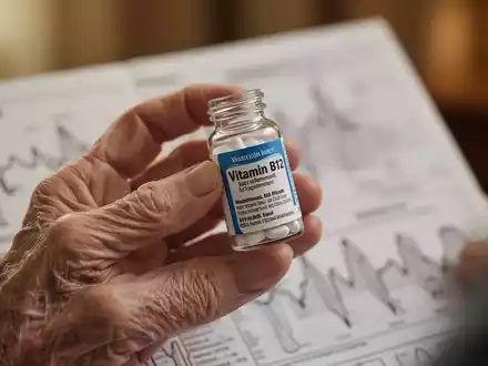 Eine ältere Hand hält eine kleine Flasche mit Vitamin-B12-Nahrungsergänzungsmitteln, im Hintergrund verschwommen medizinische Unterlagen. - Foto: über boerse-global.de