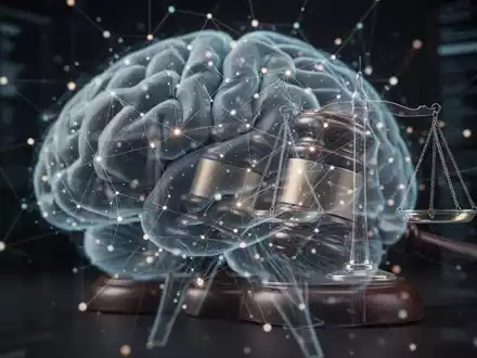 An abstract digital brain network with glowing nodes and lines, overlaid with a transparent legal gavel, symbolizing AI data under investigation. - Foto: über boerse-global.de