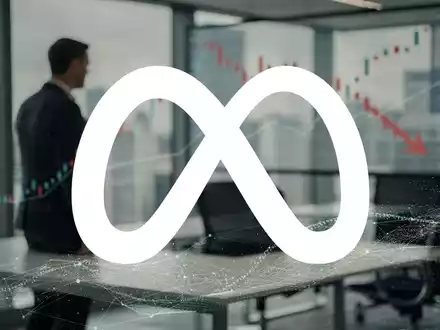 Eine nachdenkliche Figur, die an Mark Zuckerberg erinnert, beobachtet einen fallenden digitalen Aktienchart auf einem Bildschirm. - Foto: über boerse-global.de