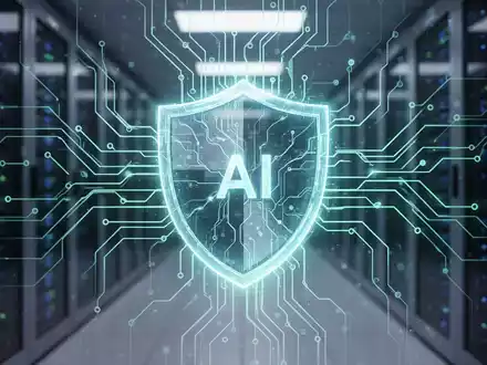 Ein stilisiertes, leuchtendes neuronales Netz mit einem digitalen Schildsymbol, das KI-Sicherheit darstellt, vor einem modernen Rechenzentrum. - Foto: über boerse-global.de