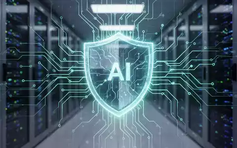 Ein stilisiertes, leuchtendes neuronales Netz mit einem digitalen Schildsymbol, das KI-Sicherheit darstellt, vor einem modernen Rechenzentrum. - Foto: über boerse-global.de