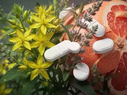 Pflanzliche Präparate und pharmazeutische Pillen, die sich miteinander verflechten, symbolisieren Arzneimittelwechselwirkungen. - Foto: über boerse-global.de