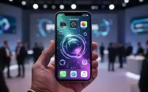 A hand holds an older iPhone model displaying a vibrant, modern operating system interface, with a blurred tech conference in the background. - Foto: über boerse-global.de