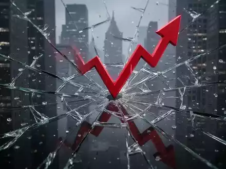 Eine einzelne, rote Finanzpfeil, der durch zerbrochenes Glas nach unten zeigt, mit einer dunklen Stadtlandschaft im Hintergrund. - Foto: über boerse-global.de