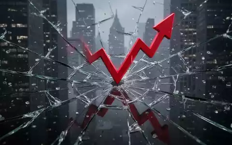 Eine einzelne, rote Finanzpfeil, der durch zerbrochenes Glas nach unten zeigt, mit einer dunklen Stadtlandschaft im Hintergrund. - Foto: über boerse-global.de