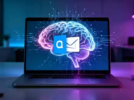 A glowing, stylized AI brain interface superimposed over a laptop screen showing the Microsoft Outlook logo in a modern office. - Foto: über boerse-global.de